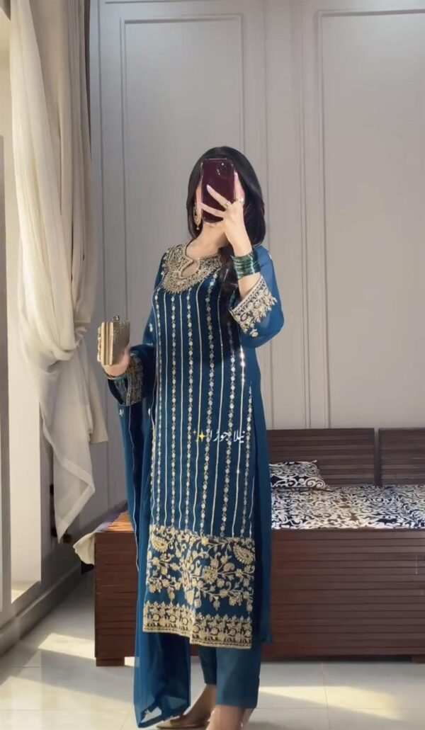 Shop Chinon Silk Embroidered Top, Bottom & Dupatta Set – Party Wear Designer Look - Image 3