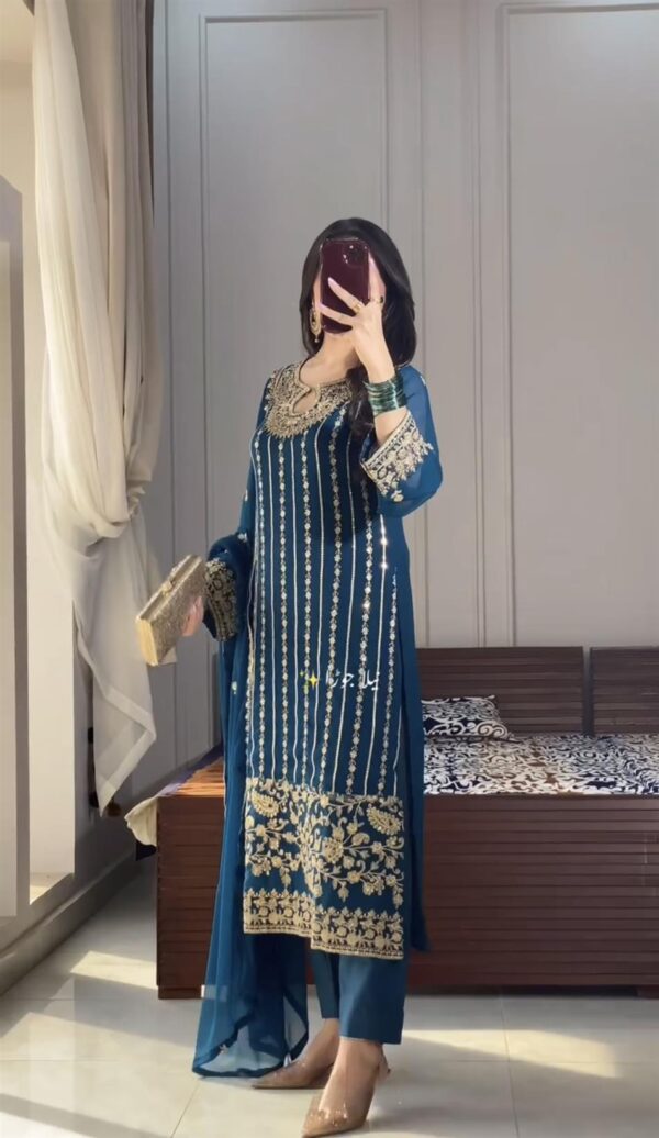 Shop Chinon Silk Embroidered Top, Bottom & Dupatta Set – Party Wear Designer Look - Image 4
