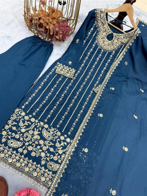 Shop Chinon Silk Embroidered Top, Bottom & Dupatta Set – Party Wear Designer Look - Image 8