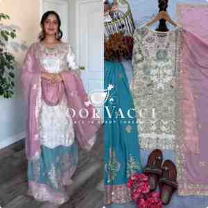 Designer Party Wear Heavy Faux Georgette Top Plazzo & Dupatta Set