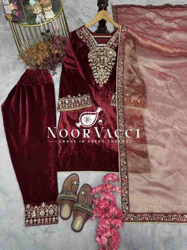 Premium Velvet Embroidered Top Bottom Set with Barbari Silk Dupatta - Image 6