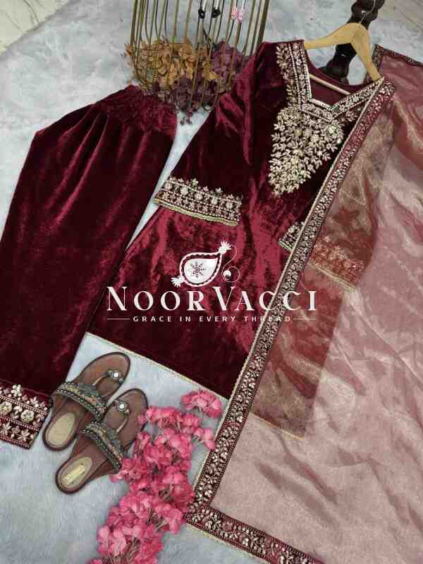 Premium Velvet Embroidered Top Bottom Set with Barbari Silk Dupatta - Image 7