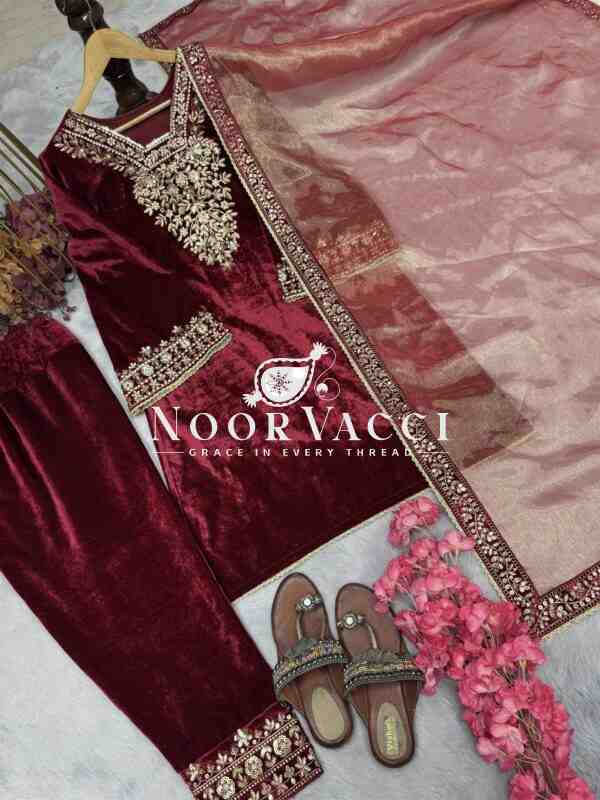 Premium Velvet Embroidered Top Bottom Set with Barbari Silk Dupatta - Image 5