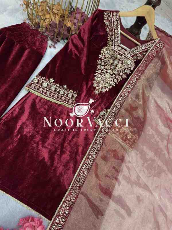 Premium Velvet Embroidered Top Bottom Set with Barbari Silk Dupatta - Image 4