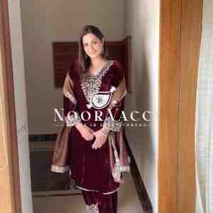 Premium Velvet Embroidered Top Bottom Set with Barbari Silk Dupatta