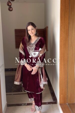 Buy Premium Velvet Embroidered Top Bottom Set with Barbari Silk Dupatta