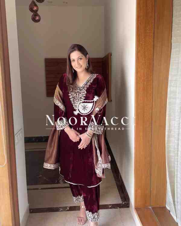 Premium Velvet Embroidered Top Bottom Set with Barbari Silk Dupatta