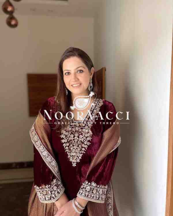 Premium Velvet Embroidered Top Bottom Set with Barbari Silk Dupatta - Image 3