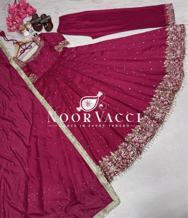 Buy Vichitra Silk Embroidered Anarkali Gown with Plazzo and Dupatta Set - Image 4