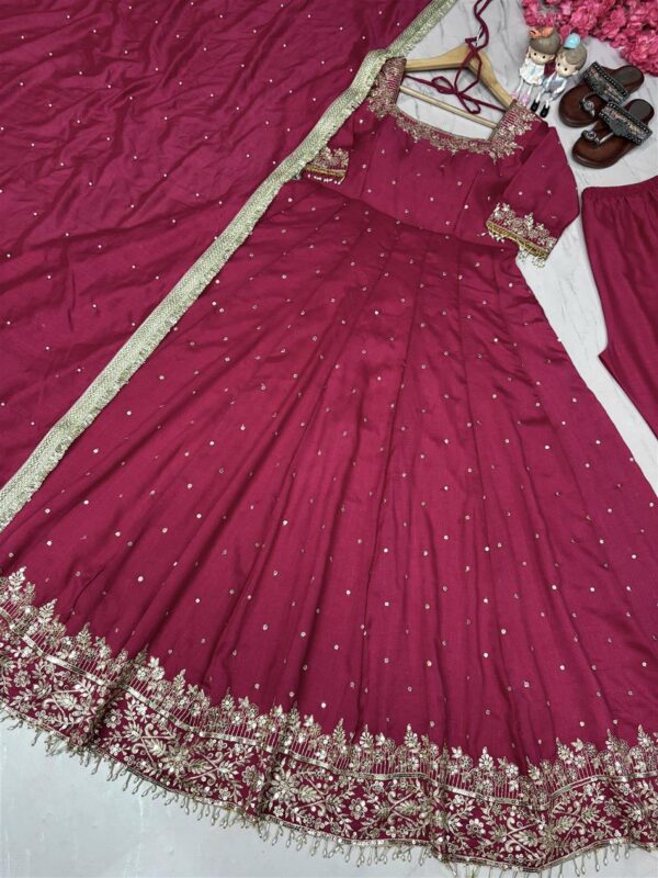 Buy Vichitra Silk Embroidered Anarkali Gown with Plazzo and Dupatta Set - Image 5