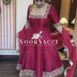 Vichitra Silk Embroidered Anarkali Gown with Plazzo and Dupatta Set