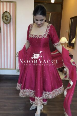 Buy Vichitra Silk Embroidered Anarkali Gown with Plazzo and Dupatta Set