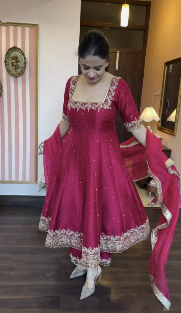 Buy Vichitra Silk Embroidered Anarkali Gown with Plazzo and Dupatta Set