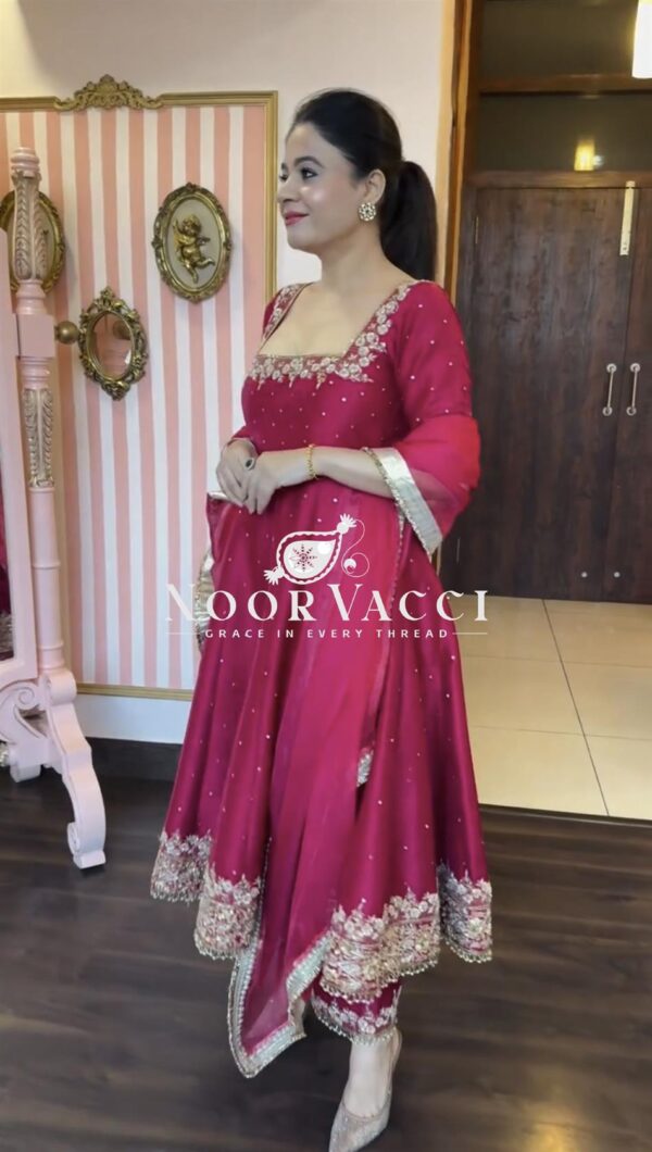 Buy Vichitra Silk Embroidered Anarkali Gown with Plazzo and Dupatta Set - Image 3