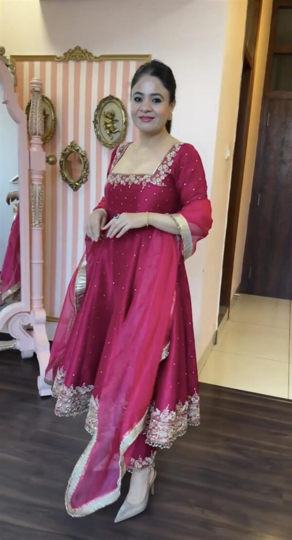 Buy Vichitra Silk Embroidered Anarkali Gown with Plazzo and Dupatta Set - Image 2