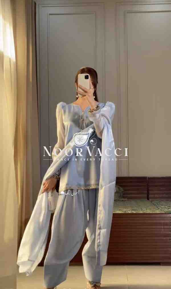 Designer Party Wear Top with Farshi Plazzo Set - Image 3