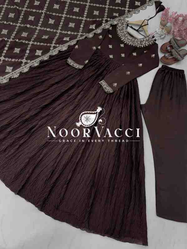 Crush Chinon Silk Embroidered Gown with Bottom and Cutwork Dupatta Set - Image 9