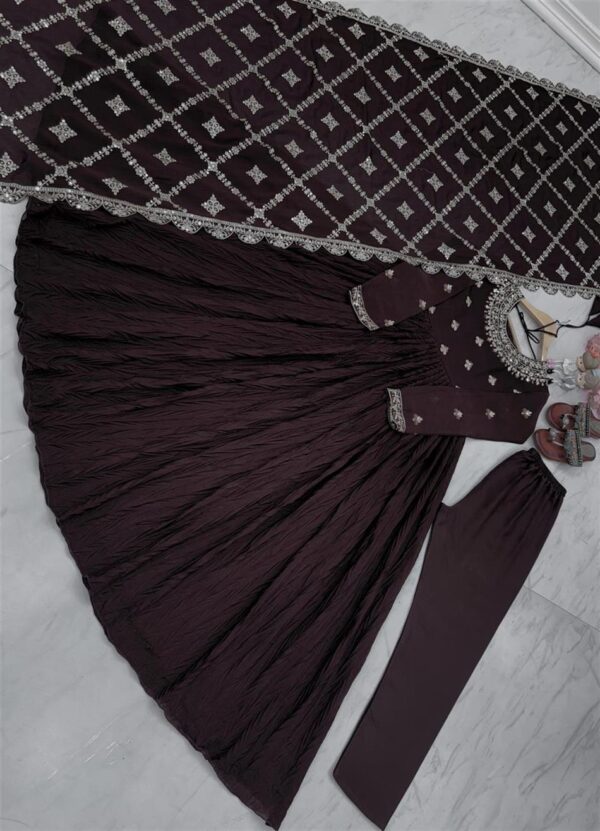Shop Crush Chinon Silk Embroidered Gown with Bottom and Cutwork Dupatta Set - Image 6