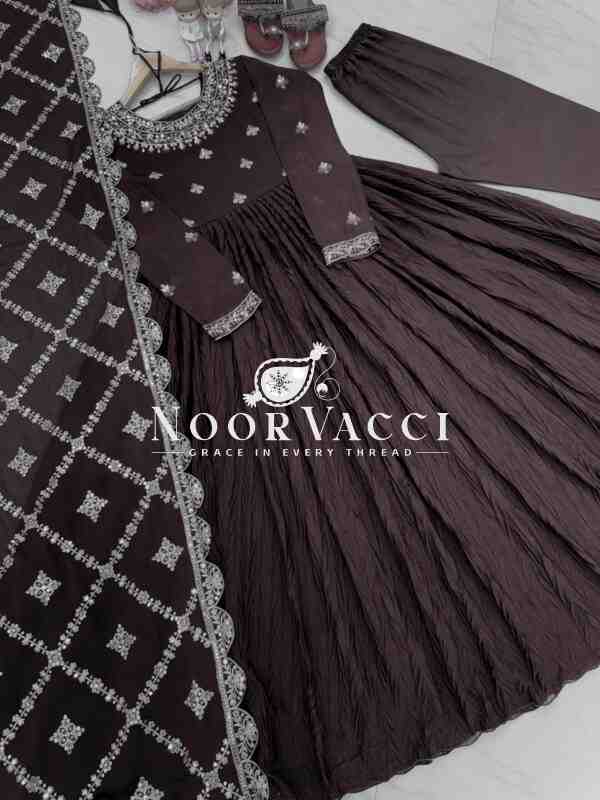 Crush Chinon Silk Embroidered Gown with Bottom and Cutwork Dupatta Set - Image 7