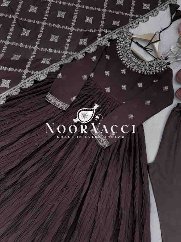 Crush Chinon Silk Embroidered Gown with Bottom and Cutwork Dupatta Set - Image 8
