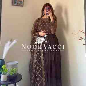 Crush Chinon Silk Embroidered Gown with Bottom and Cutwork Dupatta Set