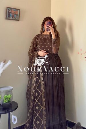 Shop Crush Chinon Silk Embroidered Gown with Bottom and Cutwork Dupatta Set