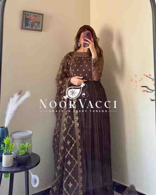 Crush Chinon Silk Embroidered Gown with Bottom and Cutwork Dupatta Set