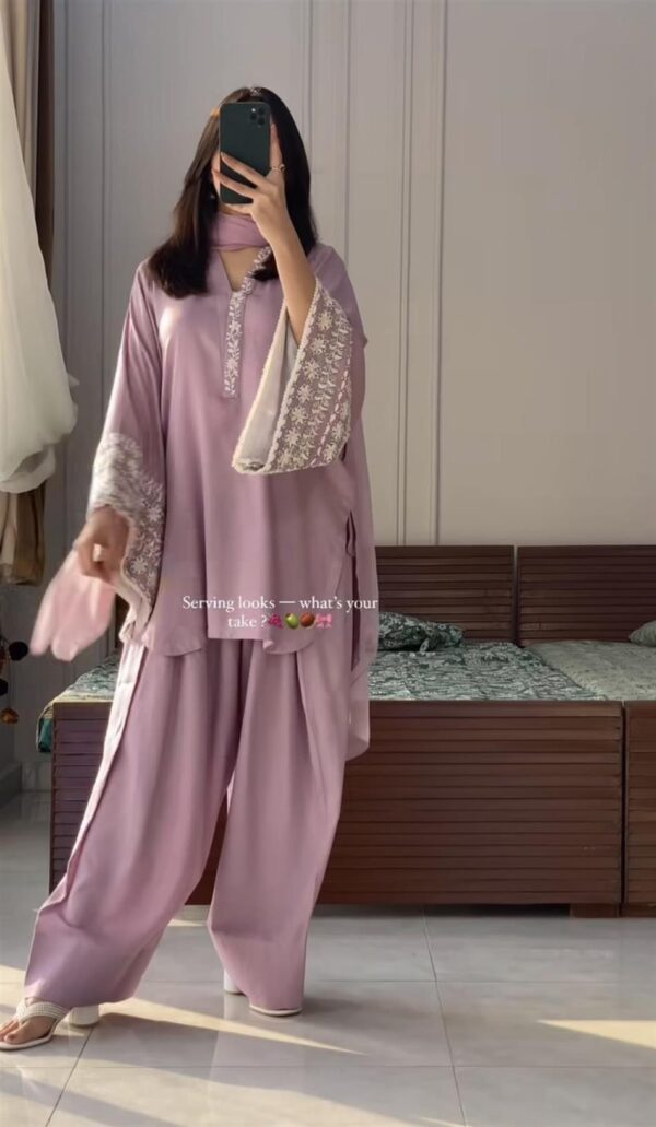 Shop Designer Party Wear Top with Farshi Plazzo Set in Natural Satin - Image 2