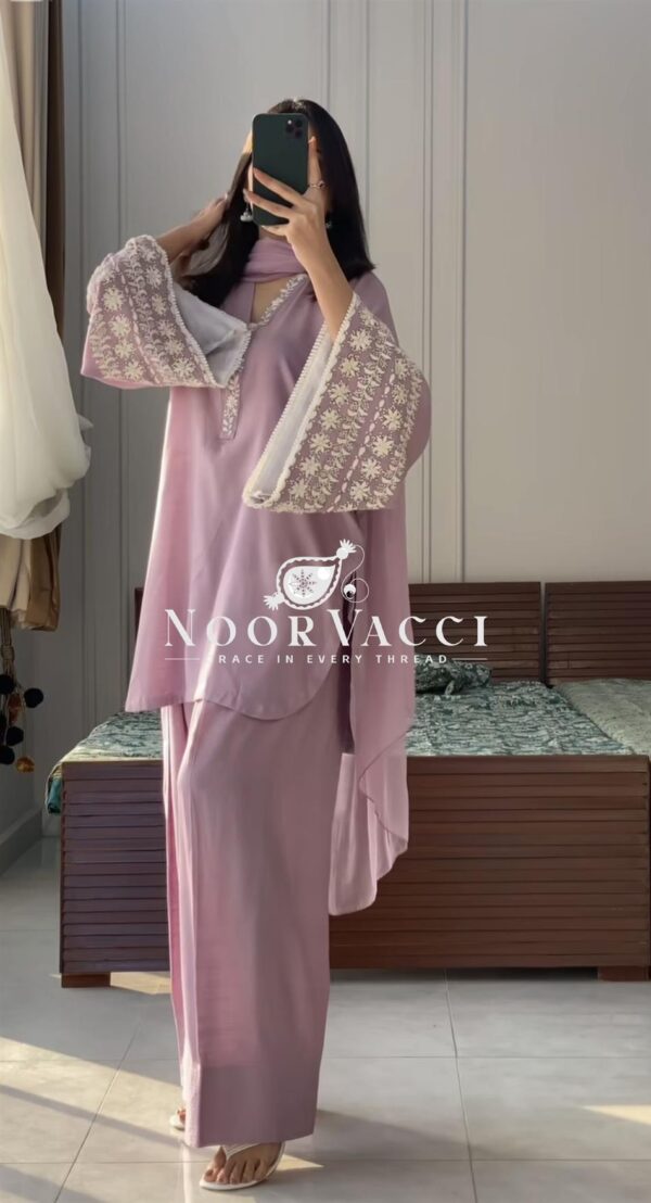 Shop Designer Party Wear Top with Farshi Plazzo Set in Natural Satin - Image 3