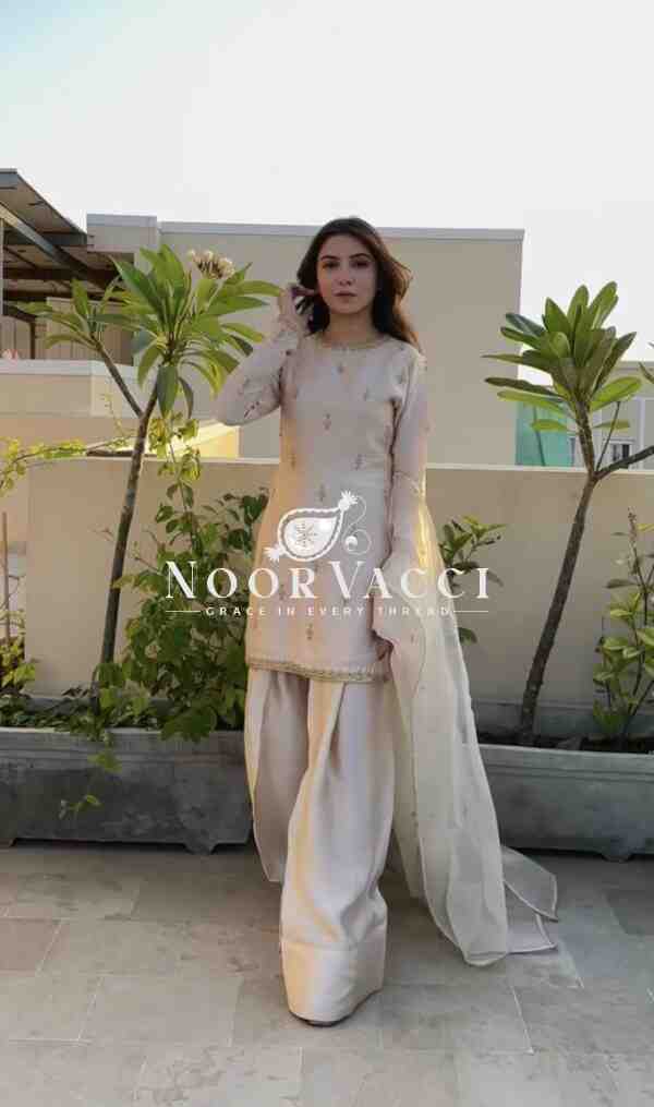 Designer Party Wear Top with Farshi Plazzo Set in Natural Satin - Image 2