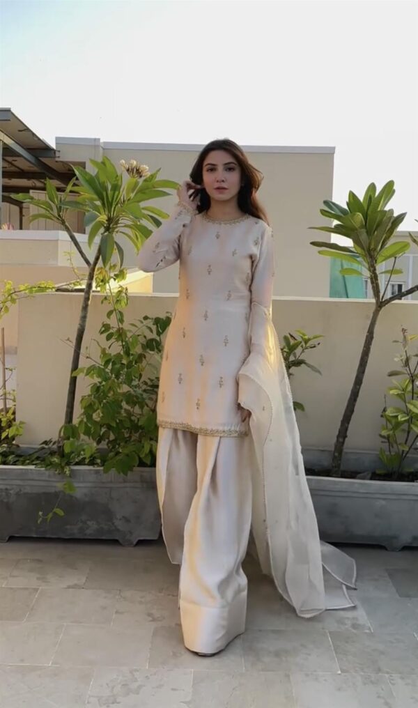 Buy Designer Party Wear Top with Farshi Plazzo Set in Natural Satin - Image 2