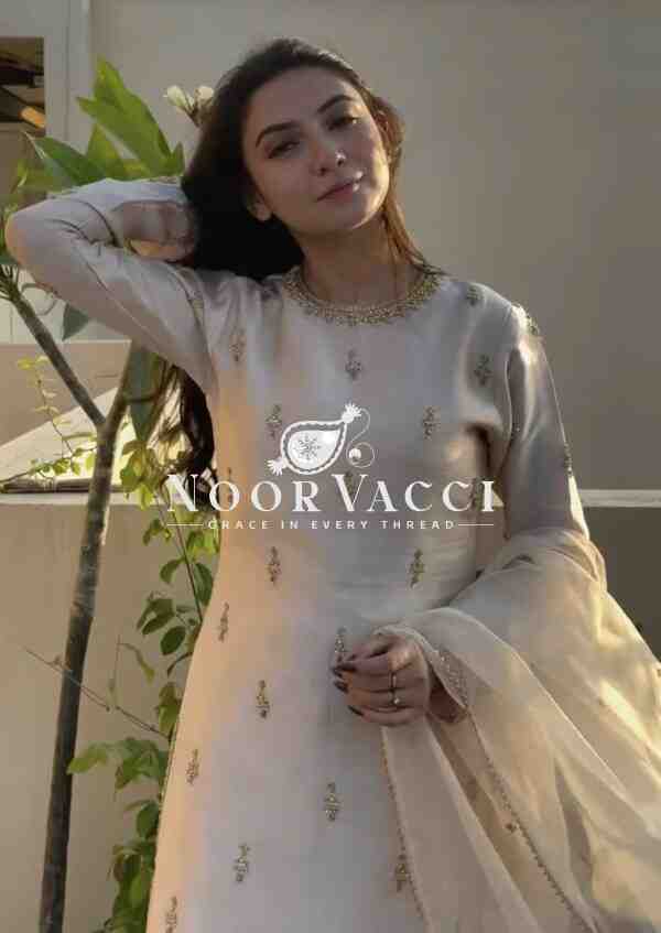 Designer Party Wear Top with Farshi Plazzo Set in Natural Satin - Image 3