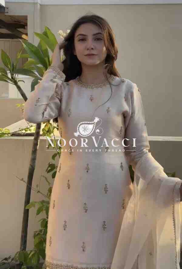 Designer Party Wear Top with Farshi Plazzo Set in Natural Satin - Image 4