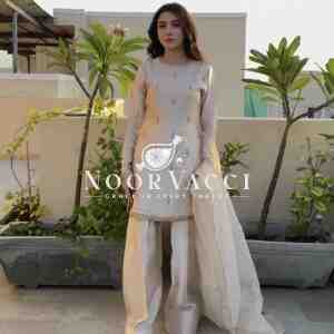 Designer Party Wear Top with Farshi Plazzo Set in Natural Satin