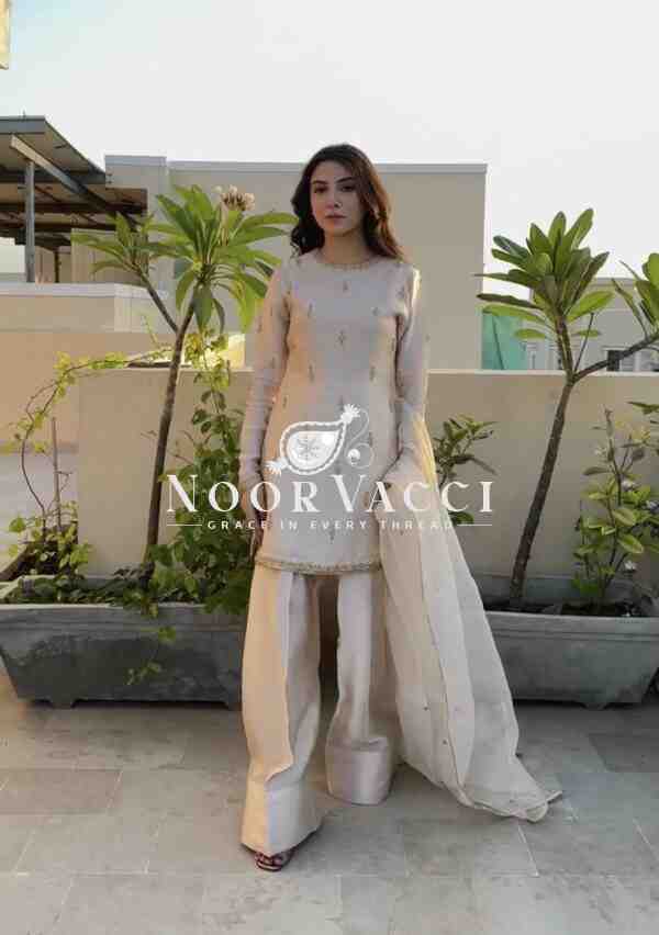 Designer Party Wear Top with Farshi Plazzo Set in Natural Satin
