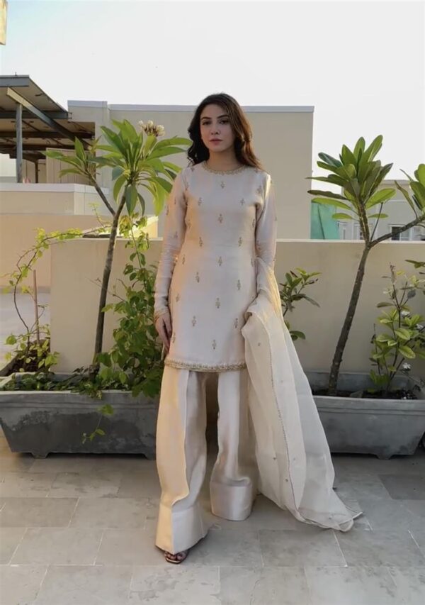 Buy Designer Party Wear Top with Farshi Plazzo Set in Natural Satin