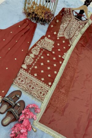 Shop Soft Banarasi Silk Embroidered Top Plazzo with Dupatta Set