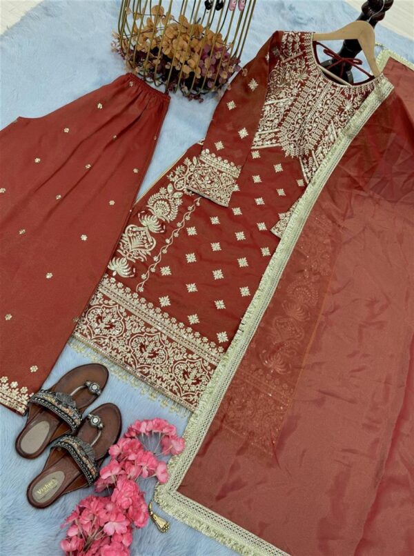 Shop Soft Banarasi Silk Embroidered Top Plazzo with Dupatta Set