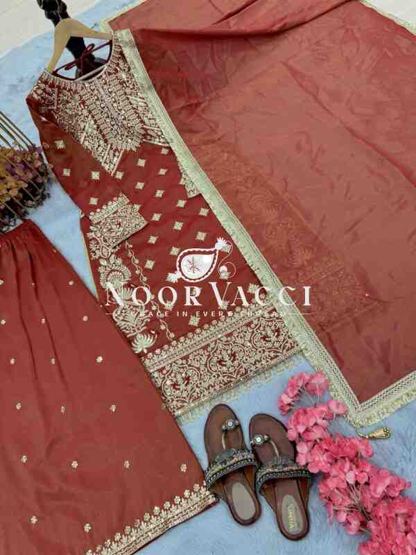 Soft Banarasi Silk Embroidered Top Plazzo with Dupatta Set - Image 4