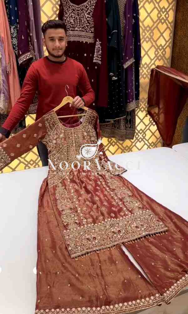 Soft Banarasi Silk Embroidered Top Plazzo with Dupatta Set - Image 3