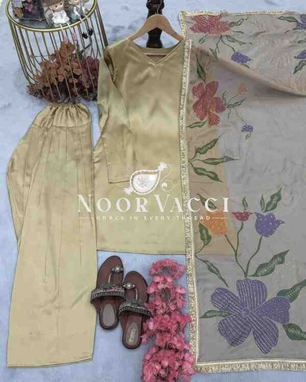 Designer Party Wear Top with Farshi Plazzo Set in Heavy Japan Satin Silk - Image 4