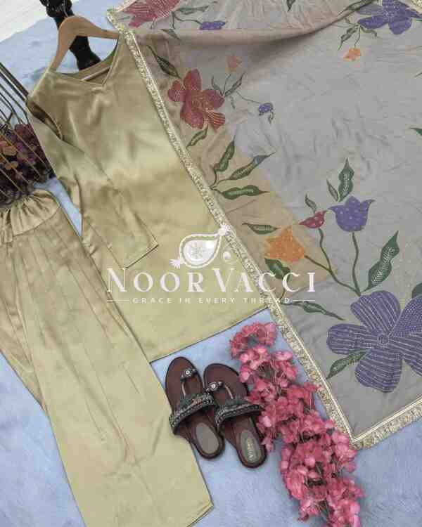 Designer Party Wear Top with Farshi Plazzo Set in Heavy Japan Satin Silk - Image 3