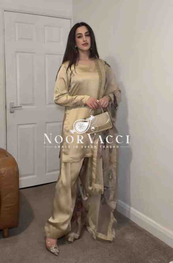 Designer Party Wear Top with Farshi Plazzo Set in Heavy Japan Satin Silk - Image 2