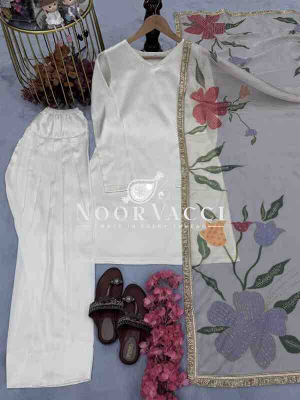 Designer Party Wear Top with Farshi Plazzo Set in Heavy Japan Satin Silk - Image 5