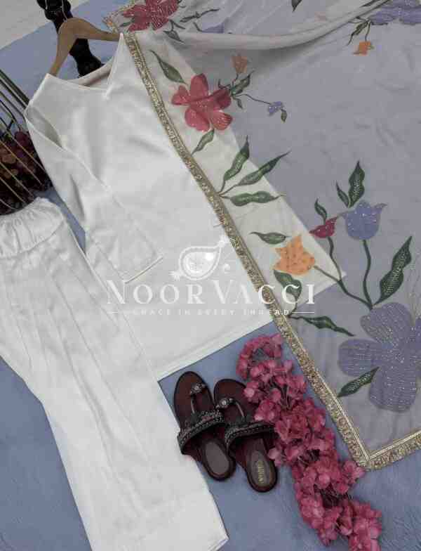 Designer Party Wear Top with Farshi Plazzo Set in Heavy Japan Satin Silk - Image 3