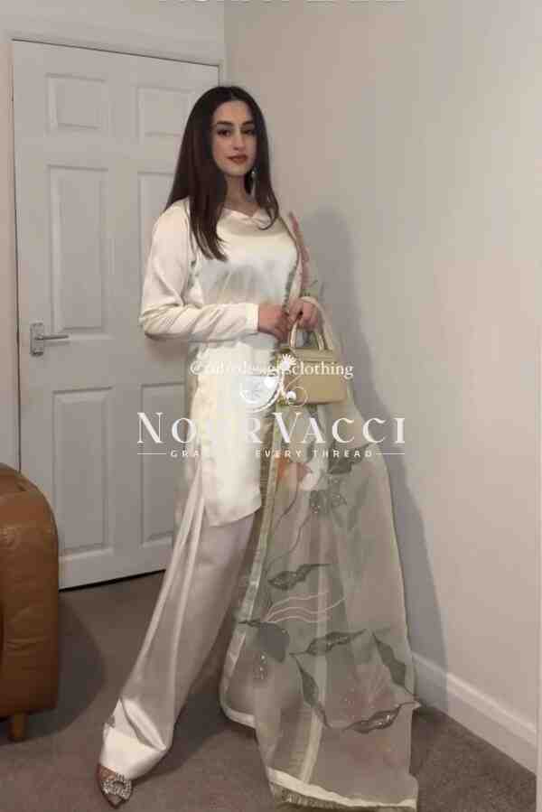 Designer Party Wear Top with Farshi Plazzo Set in Heavy Japan Satin Silk - Image 2