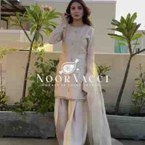 Natural Satin Embroidered Farshi Plazzo Set with Organza Dupatta