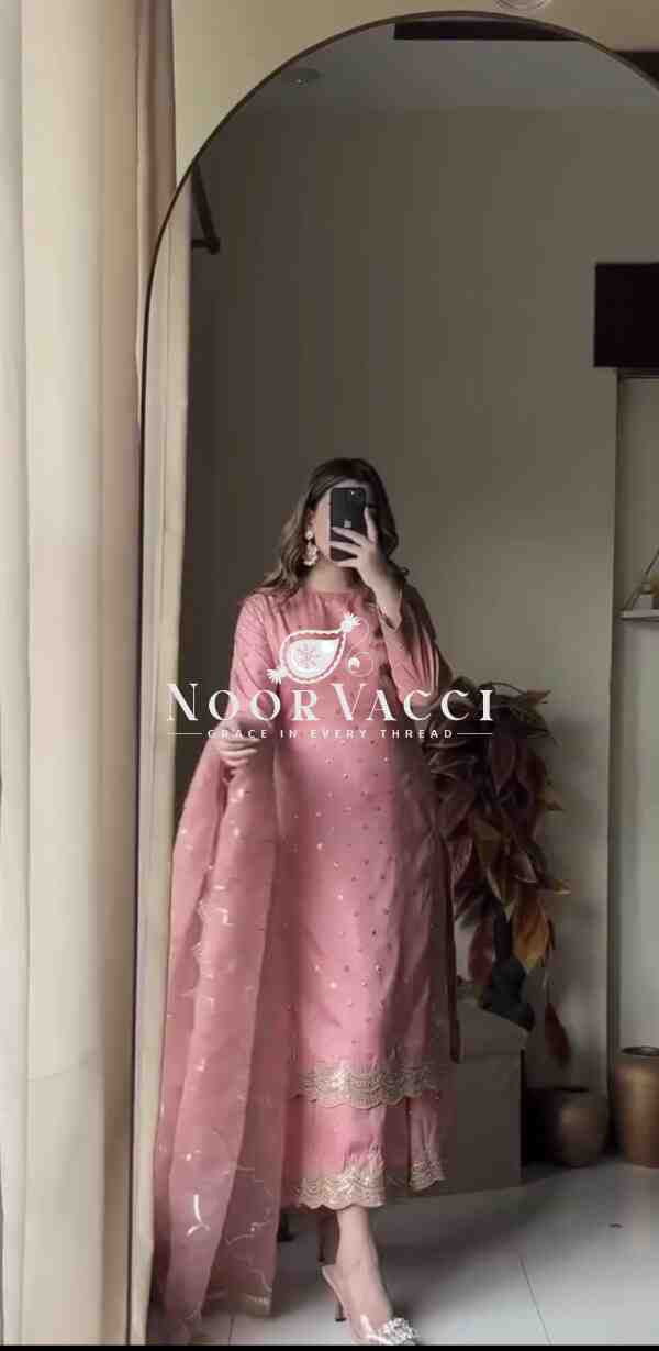 Heavy Roman Silk Embroidered Plazzo Set with Tabi Organza Dupatta - Image 4