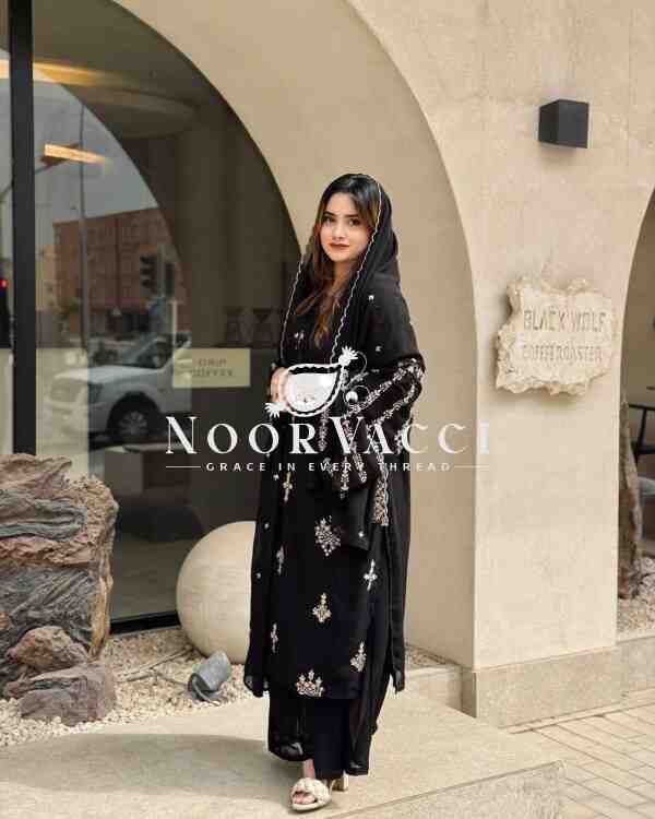 Faux Georgette Embroidered Plazzo Set with Cutwork Dupatta - Image 3