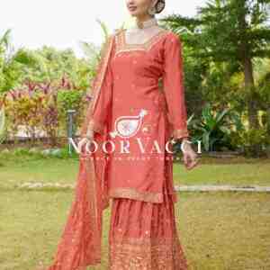 Elegant Embroidered Chinon Sharara Suit with Sequins Detailing